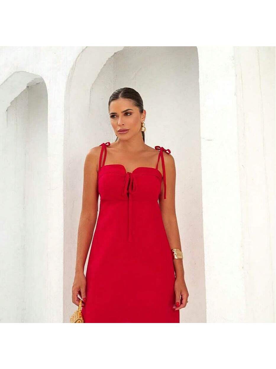 Vestido Curto Vermelho de Alfaiataria com Alça de Laço -FIN155