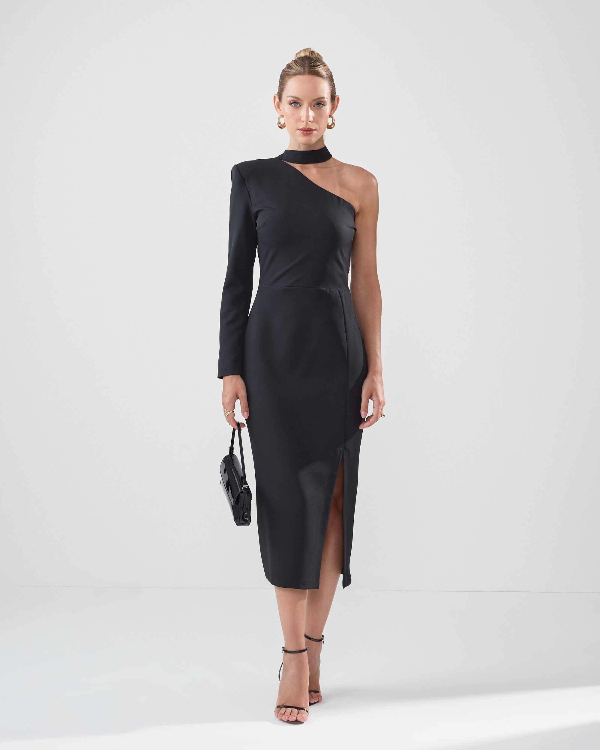 Vestido de Alfaiataria de Um Ombro Só com Manga Longa e Gola Choker Lídia - FIN230 - Imagem 3