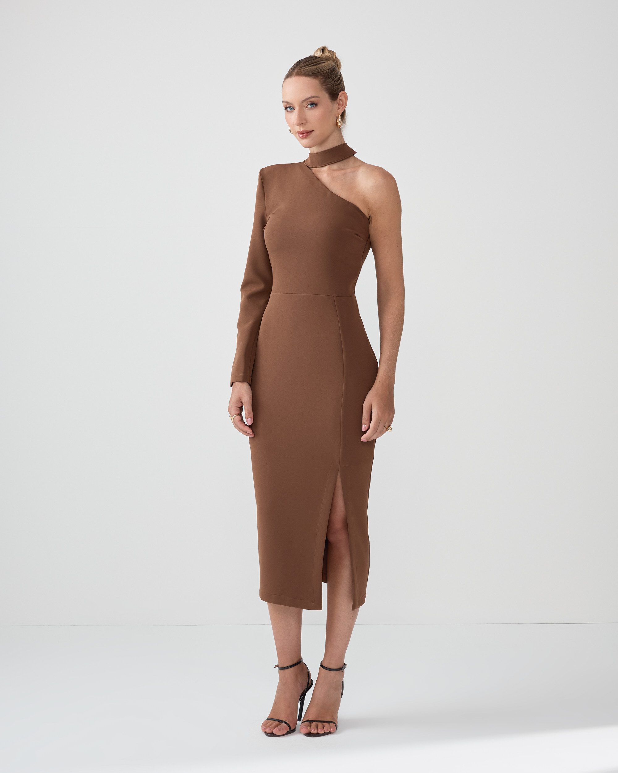 Vestido de Alfaiataria de Um Ombro Só com Manga Longa e Gola Choker Lídia - FIN230 - Imagem 2