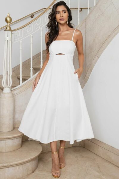 Vestido Midi com Recorte na Cintura e Saia Godê Amanda - FIN222