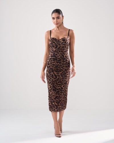 Vestido Midi de Tule Animal Print com Franzido Luma - FIN214