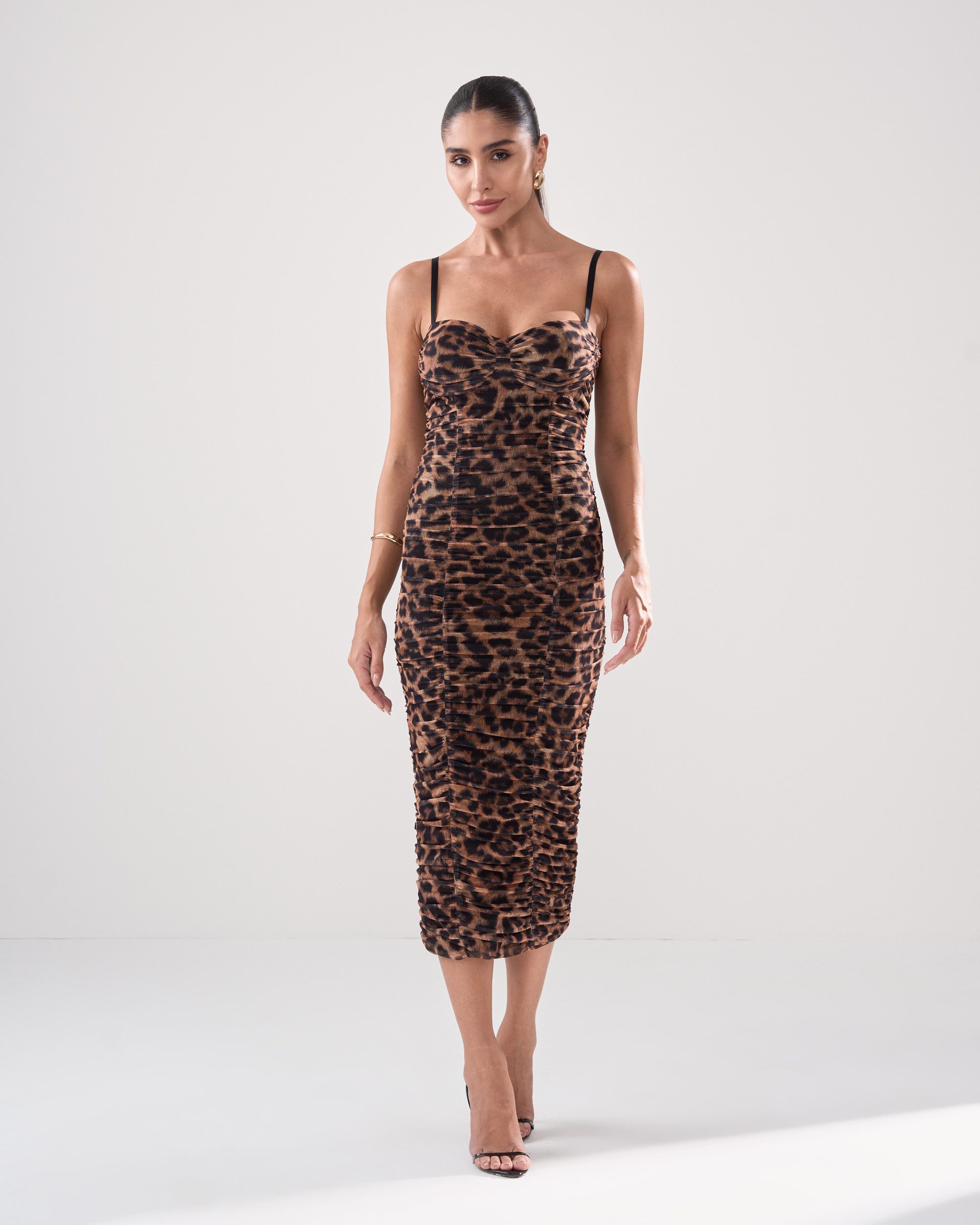 Vestido Midi de Tule Animal Print com Franzido Luma - FIN214