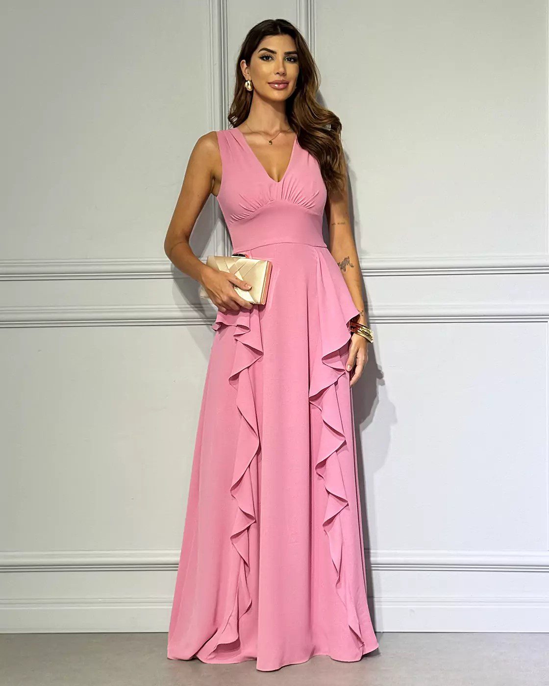 Vestido Longo de Festa em Liocel com Babados e Decote V - FIN203 - Imagem 3