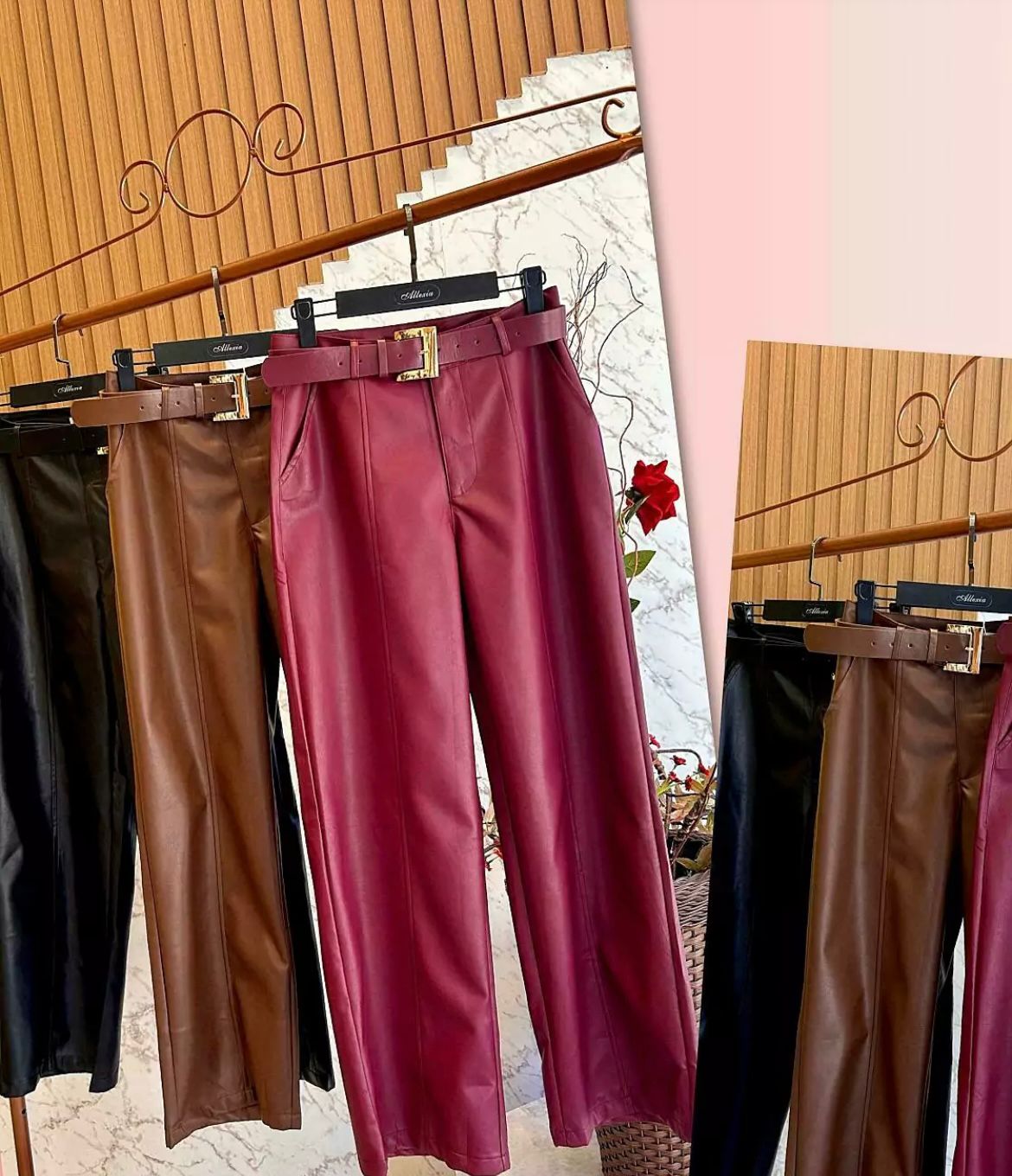 Calça Pantalona de Couro Fake com Cinto Dourado - FIN198 - Imagem 2