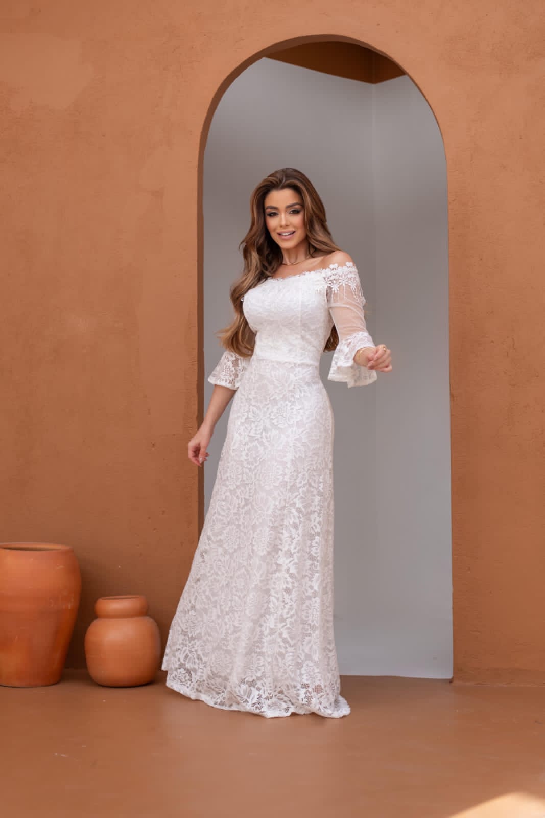 Vestido Longo de Noiva Ombro a Ombro com Renda Guipir Luiza- Casamento – FIN192 - Imagem 3