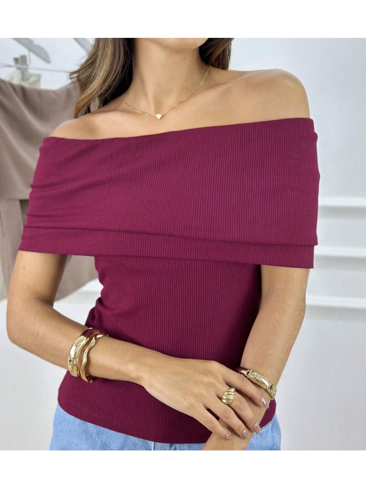 Blusa Ombro a Ombro de Malha Canelada Premium -FIN158