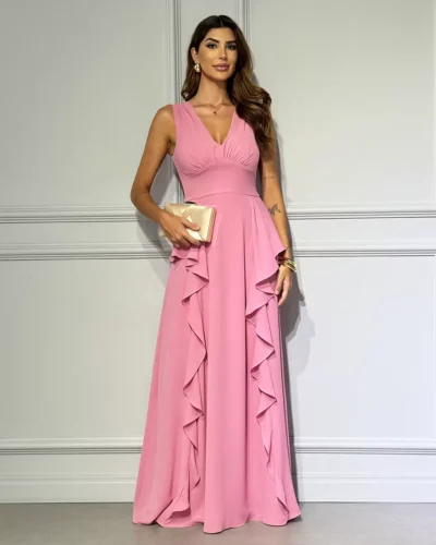 Vestido Longo de Festa em Liocel com Babados e Decote V