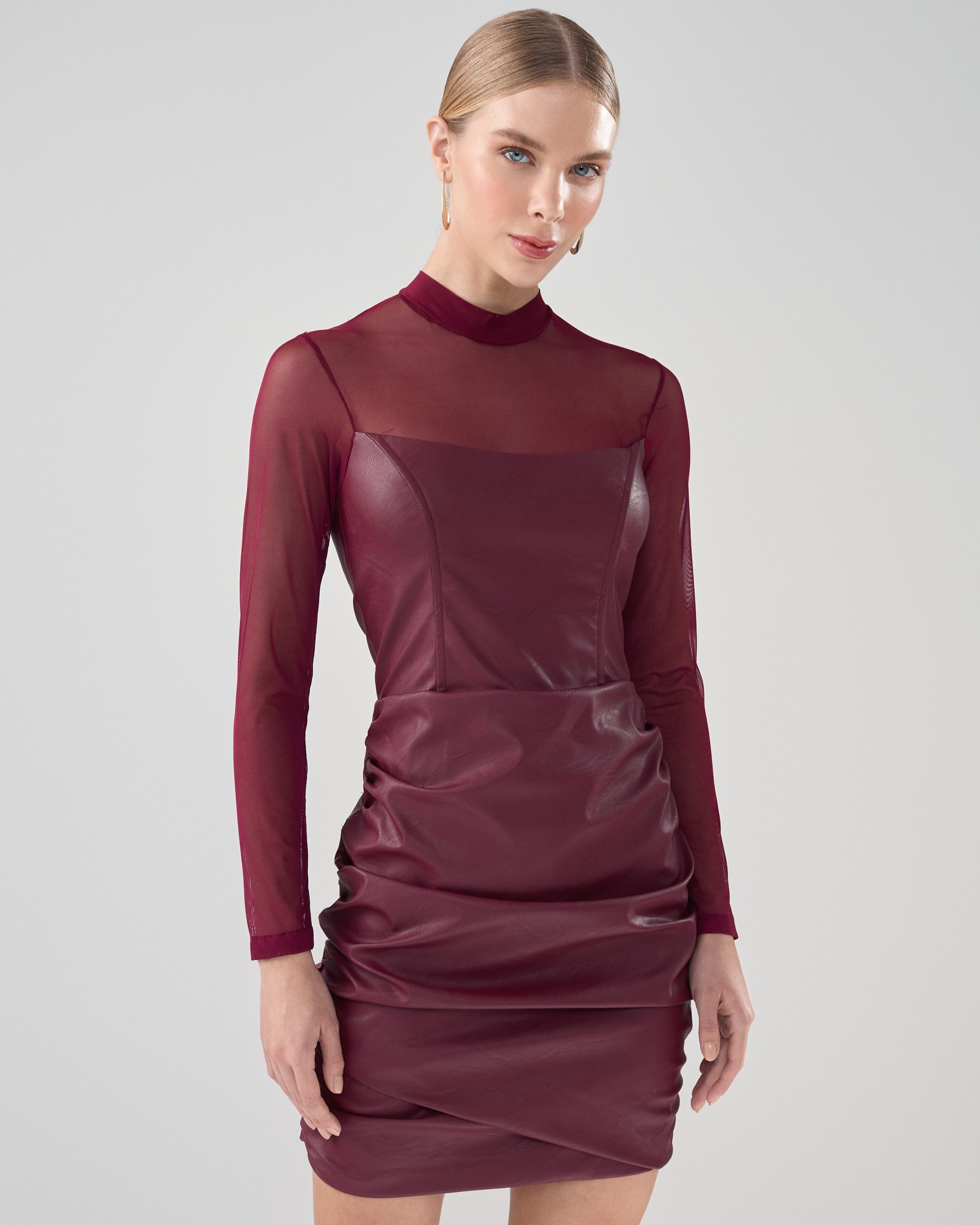 Vestido de Couro com Manga Longa de Tule Inês -FIN147 - Imagem 3