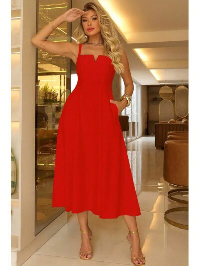 Vestido Midi com Decote Notch e Saia Evasê Carol